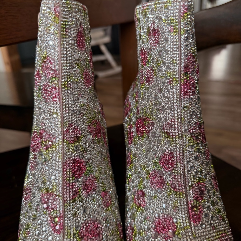Betsey Johnson Della Pink Floral rhinestone Platform Boot with Teal Heel - Picture 13 of 16